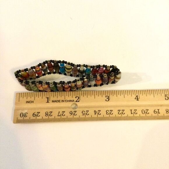 Vintage Womens Multicolor Handmade Recycled Paper Beaded Wristband Bracelet - Picture 6 of 7